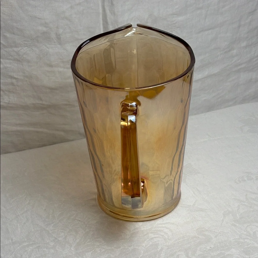 Vintage Jeanette Iridescent Marigold Carnival Glass Pitcher and 6 Tumblers